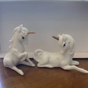Enesco Unicorn Pair 2 Vintage White Porcelain Ceramic Figurines Gold Horns